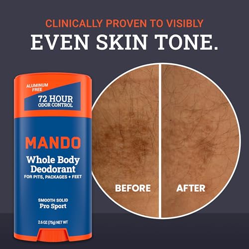mando whole body deodorant for men - smooth solid stick - 72 hour odor control - aluminum free baking soda free skin safe - 26 ounce pack of 2 - pro sport