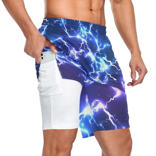 JHKKU Men's 2 in 1 Athletic Running Shorts Blue Electric Lightning