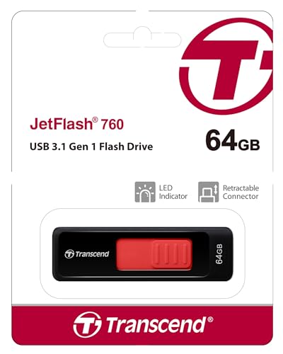 Image of Transcend JetFlash 760 64GB 3.1 Gen 1(USB 5Gbps) Flash Drive, Pen Drive, LED Data Transfer Indicator, 5-Year Limited Warranty, Black (TS64GJF760)