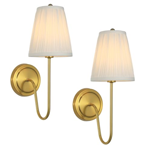 Image of Electro bp;Elegant Single Wall Sconces White Pleated Brocade Fabric Lamp Shades with Polished Gold Curved Metal Arm Covered Wall Light,E12,40W,Hardwired(Set of 2);