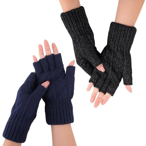 Utensilsto 2 Paar Fingerlose Handschuhe Winter Warme Strickhandschuhe für Damen, Fingerless Gloves, Handschuhe Ohne Finger, zum Arbeiten, Autofahren, Radfahren