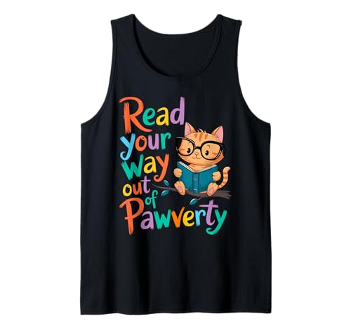Read Your Way Out of Pawverty Cute Cat Reading Book Student Tank Top
