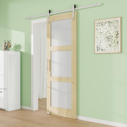 Image of 32 inch x 80 inch Presembled Barn Door with 72 inch Track Kit, Top Clear Glass Bottom MDF Solid Core Panel Sliding Barn Doors for Closet Kitchen Bedroom Pantry, Nickel-Plated Hardware Kit, Easy to Install