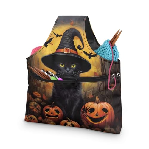 Image of KUIFORTI Pumpkin Knitting Yarn Bag Black Cat Crochet Bags for Women Knitting Needles, Yarns and Unfinshed Project, Crochet Hook Organizer Halloween Holiday Decoration