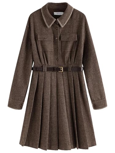 Hameadner Women'S Long Skirt Waist High Pleated Neck Women Brown Plaid Stripe Knee-Length Dress S Brownplaid