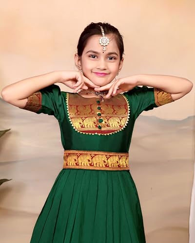 Image of Girls Silk Pattu Gown for Kids Traditional South Indian Long Ethnic Dress | Baby Girl Festival Pavadai Sattai Style Party Wedding Birthday Special Occasion Outfit