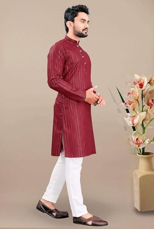 Image of FASHION GALLERY Men's Solid Pattern Polycotton Kurta with Long Sleeve Round Neck Knee Length and Pull On Closure Type|Men Kurta Pajama Set