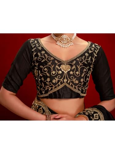 Image of Satrani Women's Vichitra Silk Sequins Embroidery Lace Work Saree with Unstitched Blouse Piece