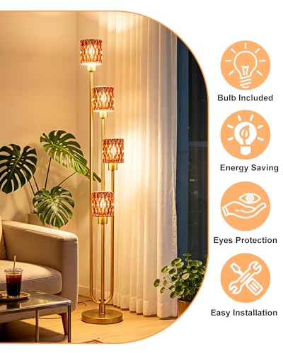 Image of Lightdot 4-Lights Glass Floor Lamp Dimmable Gold Floor Lamps with Deep Red Glass Shade 3000K Bulbs Included Unique Modern Standing Tall Lamp with 5Lbs Heavy Base for Living Room /Bedroom /Sofa Beside