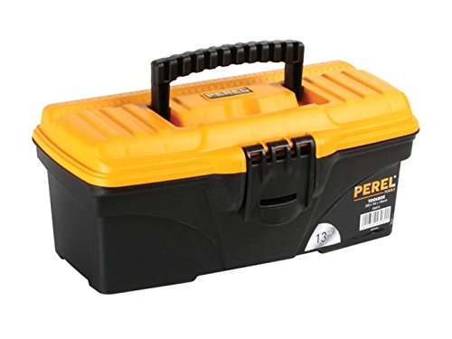 Perel Werkzeugkasten, Polypropylen, herausnehmbarer Werkzeugträger, aufklappbarer Tragegriff, Kunststoffverschluss, Schwarz/orange, 320 x 165 x 136 mm