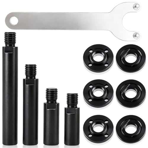 Angle Grinder Attachments Kit with 4 Extension Rods (5.5"/4"/3"/2"), 5/8‑11in Angle Grinder Flange Lock Nuts Wrench Tool Metal Grinder Accessories