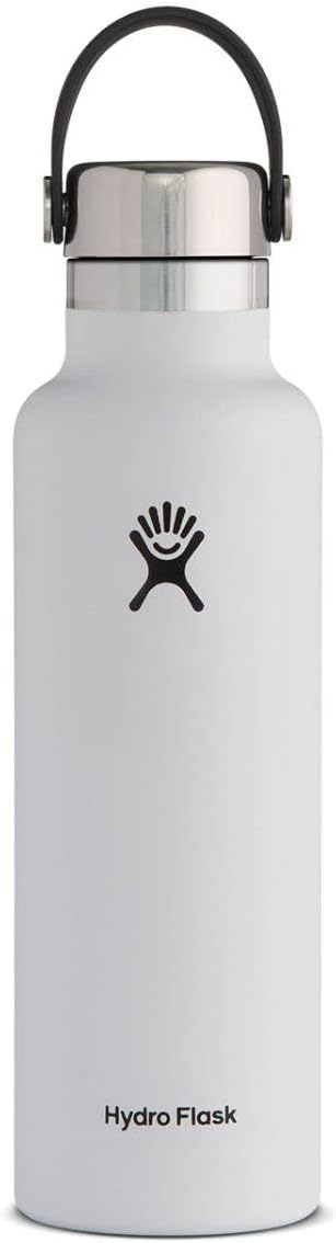 Hydro Flask Water Bottle 621 ml (21 oz), Stainless Steel & Vacuum Insulated, Standard Mouth with Leak Proof Stainless Steel Cap, White