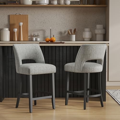Image of VKNOW Bar Stools Set of 2, 26 inch Upholstered Counter Height Bar Stools | Modern Counter Stools with Black Rubberwood Legs for Kitchen Island Dining Room Bar, Light Grey-Black Legs