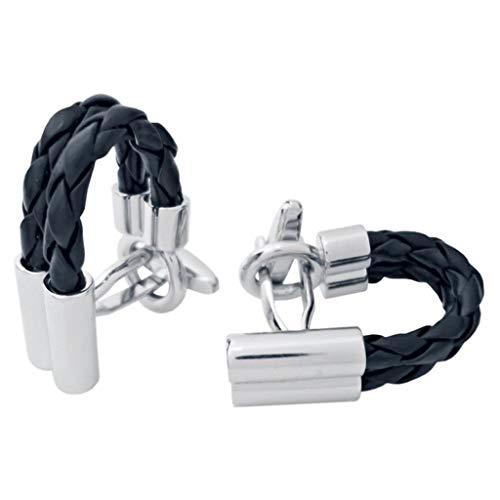 JOSVIL Gemelos hombre para camisa. Gemelos para hombre trenza cuero negro. Gemelos de rodio Cover