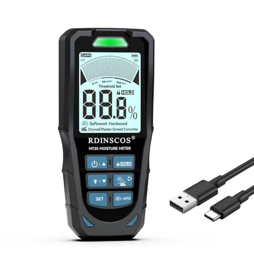 RDINSCOS Humidimètre 6 en 1 sans broche, détecteur d'humidité non invasif, testeur d'humidité pour murs, cloisons sèches, béton et bois, rechargeable par USB, seuils d'alarme personnalisables, écran