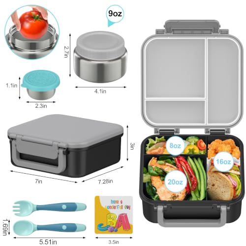 Image of Kids Bento Lunch Box with 9oz Soup Thermo Leakproof Lunch Food Containers 4 Compartment with Insulated Hot Food Jar for Kid Toddler Girls Boys to School, Trvael