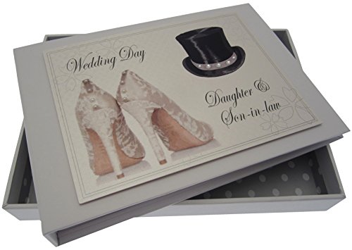 Tarjetas de algodón blanco y álbum de boda para hija y yerno con diseño de sombrero