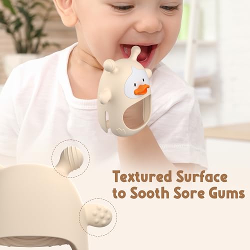 Image of 2 Packs Baby Teething Toys for 3-6 6-12 Months, Food Grade Silicone Teething Mitten, Anti Dropping Wrist Hand Teethers, Never Drop Baby Chew Toys for Sucking Needs, BPA Free (Nude & Green)