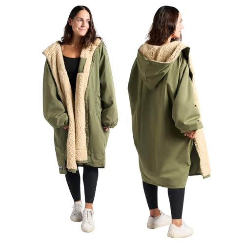 OHS Waterproof Coat Womens, Camouflage Oversized Rain Coats for Women Men Lightweight Fleece Lining Changing Robe with Hood & Pockets Breathable Drying Robe for Outdoor Travel, Khaki/Beige - S/M