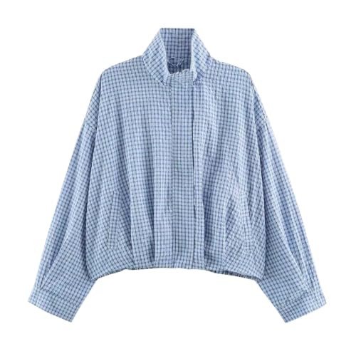 Plaid Bomber Jacket Women Oversized Cropped Funnel Neck Gingham Jacket - image 1
