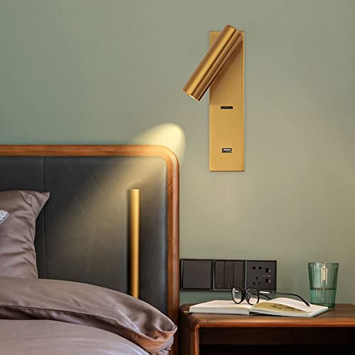 Złoty kinkiet do czytania przy łóżku, mini metalowy kinkiet ścienny z portem USB, regulowany kinkiet 350°+90°, nowoczesne kinkiety LED, minimalistyczne kinkiety oświetleniowe