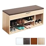 Estantería estable y robusta / fácil de limpiar / Peso neto 18,2Kg / Tablero aglomerado Madera moldeada / Dimensiones 104cm x 49cm x 30cm / Asiento con reposapiés / Estantes regulables en altura derecha e izquierda / madera en roble de Sonoma y cojín en marrón