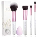Oscar Charles Essential Makeup Brush Set, 5 Piece, Powder Foundation Concealer Blending Make Up Brushes with Beauty Sponge, Pink and White