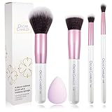 Oscar Charles Essential Makeup Brush Set, 5 Piece, Powder Foundation Concealer Blending Make Up Brushes with Beauty Sponge, Pink and White