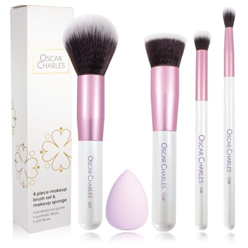 Oscar Charles Essential Makeup Brush Set 5 Piece Powder Foundation Concealer Blending Make Up Brushes with Beauty Sponge Pink and White