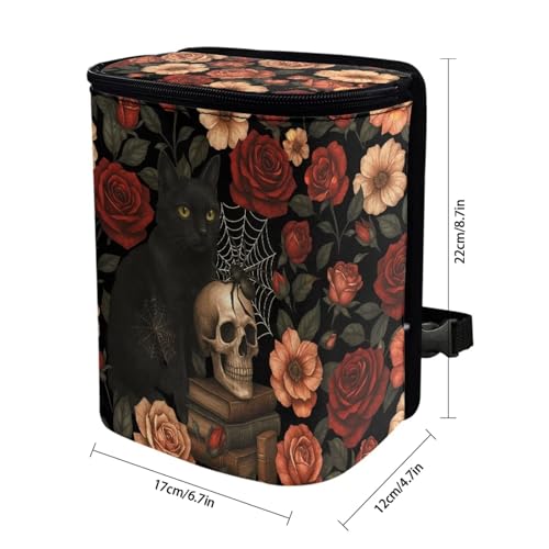 Image of Talayituse Cat Skull Spider Web Rose Flower Print Car Trash Can with Adjustable Straps, Car Trash Bag Bin Car Garbage Bag Multipurpose Storage Box Halloween Decor for Vehicle Travel Camping Picnicing