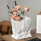 Sefuez White Ceramic Flower Vase,Modern Minimalist Funky Decor with Square Pleats, Paper Bag Vase,La