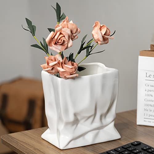 Sefuez White Ceramic Flower Vase,Modern Minimalist Funky Decor With Square Pleats, Paper Bag Vase,Large Capacity For Flower Arrangements, Bookshelf Decor,Living Room，Bedroom, Decorative Gift #TOP11