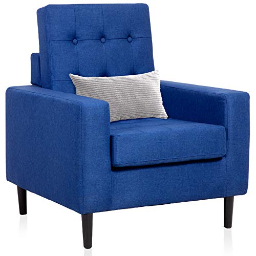 Mid Century Accent Chair, Modern Square Arm Chair with Button Tufted Design and Removable Cover, Fabric Single Sofa for Living Room, Bedroom or Apartments, Dark Blue