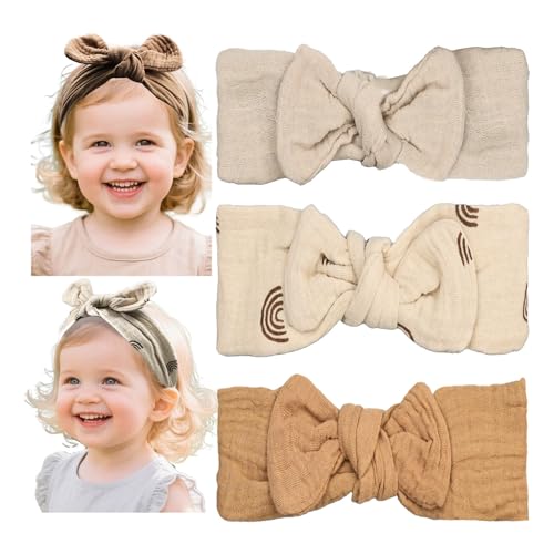 Image of Esumun Baby Girl Elastic Muslin Hair Bow Headband, Top Knottedd Solid and Floral Headwrap for Newborn, Infant, Toddlers (CJkhakiset)