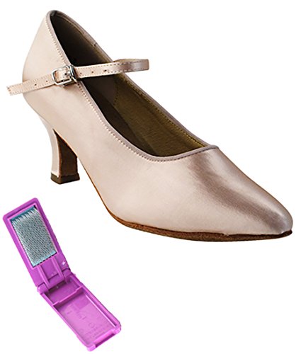 Very Fine Dance Shoes - Ladies Standard, Smooth Ballroom Dance Shoes - SERA5522-2.5-inch Heel and Foldable Brush Bundle - Flesh Satin - 7