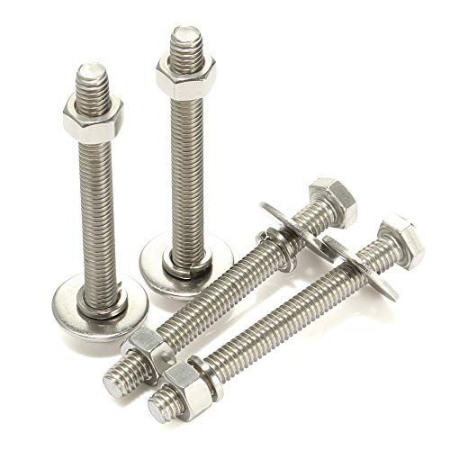 Image of M6-1.0 x 80mm Hex Head Bolts, Hex Nuts, Extra-Large and Thick Flat & Lock Washers, Fully Threaded, 304 Stainless Steel, 8 Sets