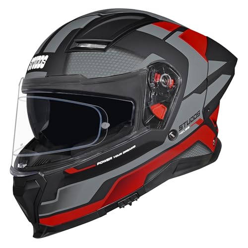 Image of STUDDS Helios Asphalt Full Face ISI and DOT Certified Helmet with Dual Visor MATT Black & Grey RED - M