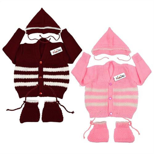 Image of Baby Winter Sweater | Wool Knit Full Sleeve Cardigan for Babies | Soft Warm Winter Clothing for Newborn Boys Girls & Toddlers Combo Pink & Maroon (3 to 6 Months) Pack of 2
