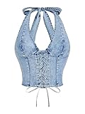 MakeMeChic Women's Denim Halter Corset Tops Y2K Jean Lace Up Vest Tops Sleeveless Shirred Tie Backless Top Dark Wash Small