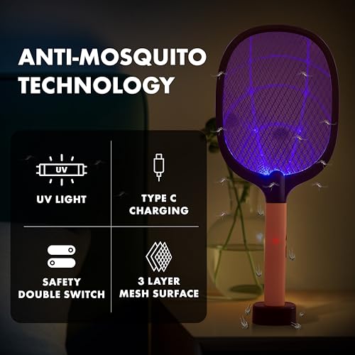WEIRD WOLF 2 in 1 UV Light Mosquito Bat Racket Electric Fly Swatter with Base Stand, Lithium Battery, USB Type-C Charging, Warranty, Peach/Black (Image - 2)