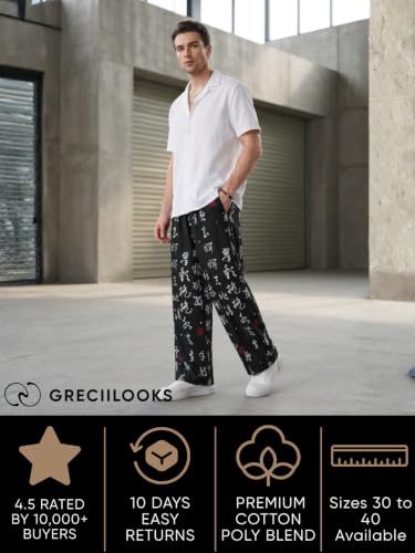 Image of GRECIILOOKS Mens Boho Hippie Harem Pants | Black Printed Wide-Leg Trousers | Koren Streetwear Loose Baggy Fit Summer Lounge Yoga Lowers |Trouser Relaxed Fit for Men