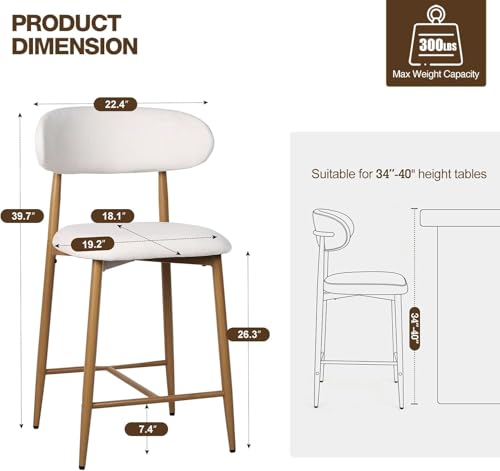 Image of AQO Bar Stools Set of 2, Counter Height Bar Stools Upholstered Counter Stools Modern Barstools with Metal Legs for Kitchen Island Dining Room, Beige