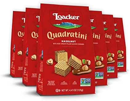 Loacker Quadratini Hazelnut Wafer Cookies SMALL - 30% Less Sugar - Premium Crispy Bite Size Wafers - NON-GMO - SMALL Pack of 6