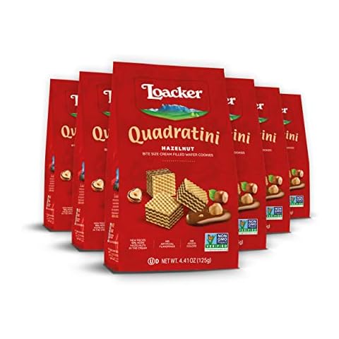 Loacker Quadratini Hazelnut Wafer Cookies SMALL - 30% Less Sugar - Premium Crispy Bite Size Wafers - NON-GMO - SMALL Pack of 6 Cover