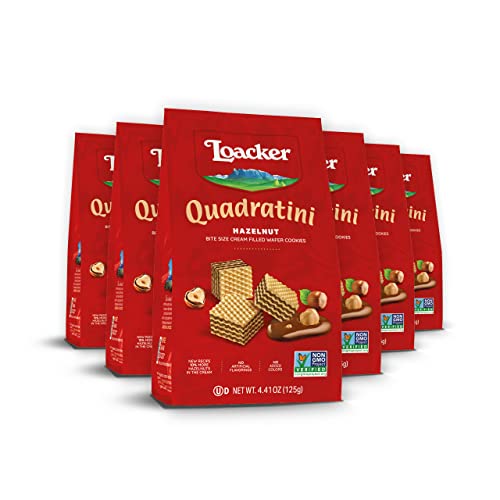 Loacker Quadratini Hazelnut Wafer Cookies SMALL - 30% Less Sugar - Premium Crispy Bite Size Wafers - NON-GMO - SMALL Pack of 6