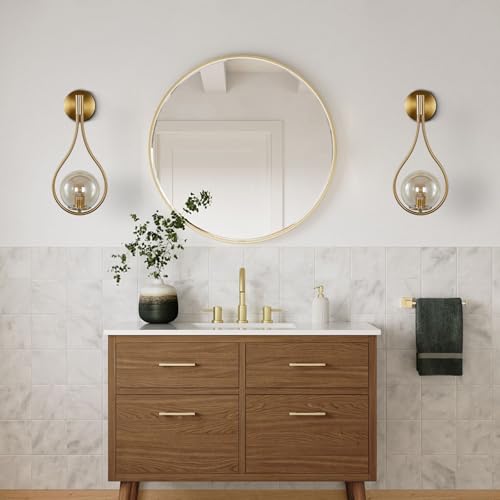 Image of KCO Lighting Teardrop Wall Sconce Brass Gold Wall Sconce Set of 2 Vintage Amber Glass Wall Light Mid Century Modern Bathroom Vanity Light