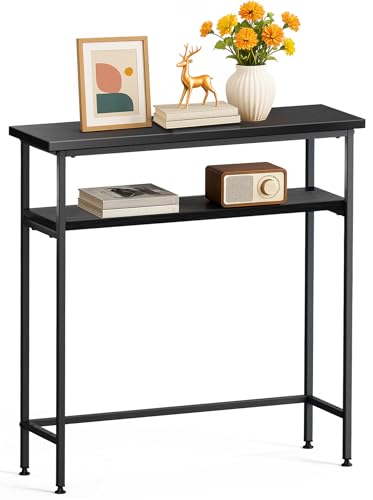 VOUNOT® Mesa de Consola Estrecha 2 Niveles 80x24x80cm Mesa Auxiliar Entrada con 2 Estantes Metal y MDF Mesita Exposición Extremo de Sofá Diseño Industrial para Recibidor Salón Pasillo Dormitorio Negro