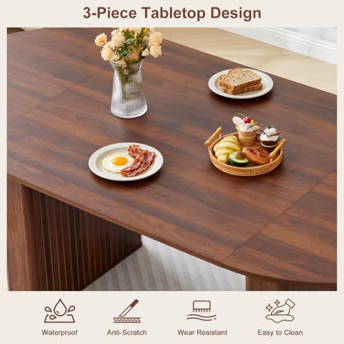 Image of weselon 78.7 inch Oval Dining Table for 6-8 People, Large Kitchen Dining Table with Fluted Pedestal Base, Modern Minimalist Dining Room Table with 3-Piece Tabletop, Walnut (Chairs Not Included)