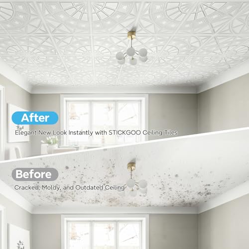 STICKGOO 3D Ceiling Tiles 24\"x24\", Modern Geometric Textured PVC Panels, Waterproof & Recyclable Drop or Glue-Up Decorative Ceiling Tiles for Home & Commercial Use (12 Pack, White) - Thumbnail 3