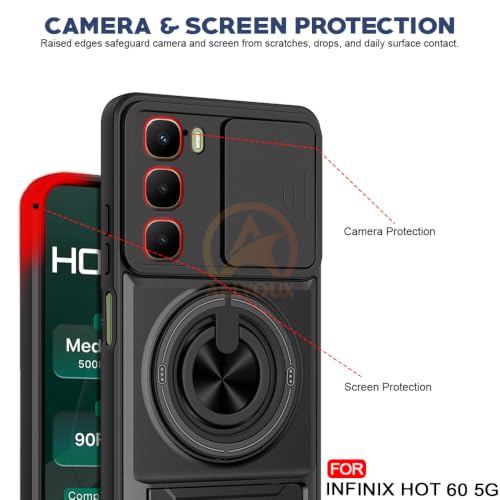 Image of Infinix Hot 60 5G Back Cover | Armor Camera Slider 360 Degree Rotating Finger Ring Holder Case with Bracket Stand Back Case Cover (Compatible with MagSafe Accessories) (Black)